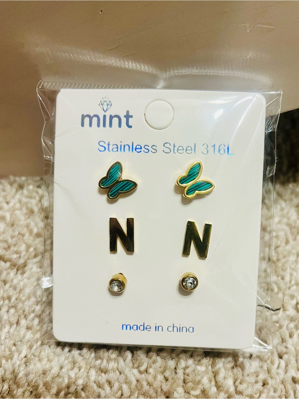 mint Stainless Steel Butterfly & Initial Stud Earring Set - Green/Gold
